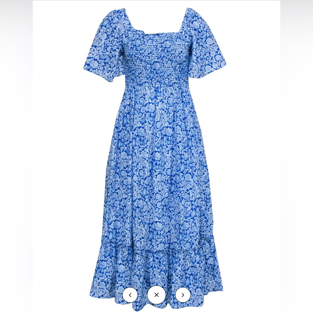 Pink City Prints - Blue & White Floral Print Smocked Bodice Dress Sz S